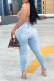 Medium Blue Fashion Casual Solid Hollowed Out High Waist Regular Jeans