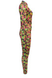 Green Sexy Print Patchwork Zipper Collar Skinny Jumpsuits