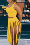 Yellow Sexy Solid Tassel U Neck Sleeveless Two Pieces