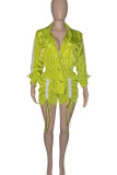 Fluorescent Green Casual Solid Patchwork Draw String Pocket Frenulum Fold Zipper Collar Straight Rompers