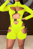Fluorescent Green Sexy Solid Patchwork See-through Zipper Collar Skinny Rompers