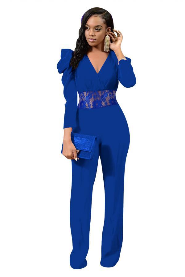 Blue Fashion Sexy bandage Patchwork lace Solid Long Sleeve V Neck Jumpsuits