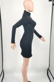Black Fashion Casual Solid Basic Turtleneck Long Sleeve Dresses