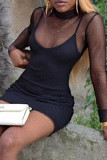 Black Sexy Solid Patchwork See-through O Neck Long Sleeve Two Pieces