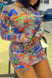 Colour Fashion Casual Print Basic O Neck Long Sleeve Dresses pre-sale