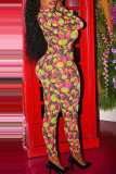Green Sexy Print Patchwork Zipper Collar Skinny Jumpsuits