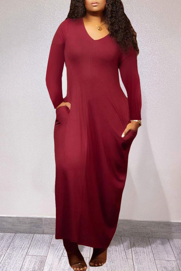 Burgundy Casual Solid Patchwork Pocket V Neck Long Sleeve Dresses