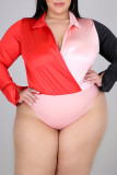 Red Casual Solid Patchwork Contrast Turndown Collar Long Sleeve Two Pieces