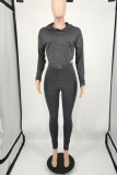 Black Sexy Solid Split Joint Hooded Collar Long Sleeve Two Pieces