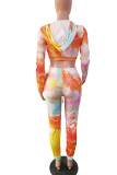 Red Casual Print Tie Dye Patchwork Zipper Hooded Collar Long Sleeve Two Pieces