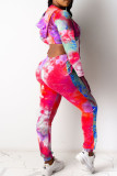 Red Casual Print Tie Dye Patchwork Zipper Hooded Collar Long Sleeve Two Pieces