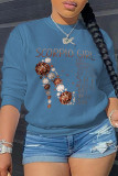 Blue Casual Print Patchwork O Neck Tops