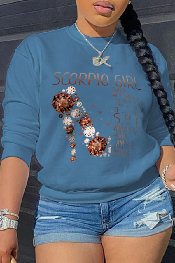 Blue Casual Print Patchwork O Neck Tops