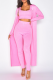 Pink Casual Solid Patchwork U Neck Long Sleeve Three Pieces
