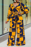 Yellow Casual Print Patchwork V Neck Straight Long Sleeve Jumpsuits (Contain The Belt)