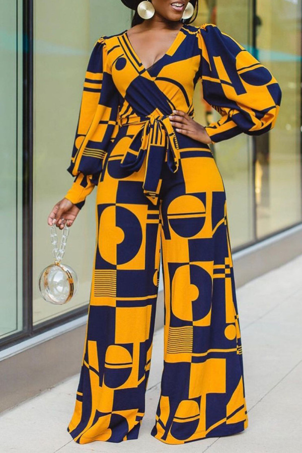 Yellow Casual Print Patchwork V Neck Straight Long Sleeve Jumpsuits (Contain The Belt)