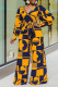 Yellow Casual Print Patchwork V Neck Straight Long Sleeve Jumpsuits (Contain The Belt)