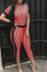 Red Casual Plaid Patchwork O Neck Skinny Jumpsuits