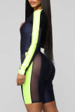 Deep Blue Sexy Solid Patchwork See-through Asymmetrical Zipper Collar Long Sleeve Two Pieces