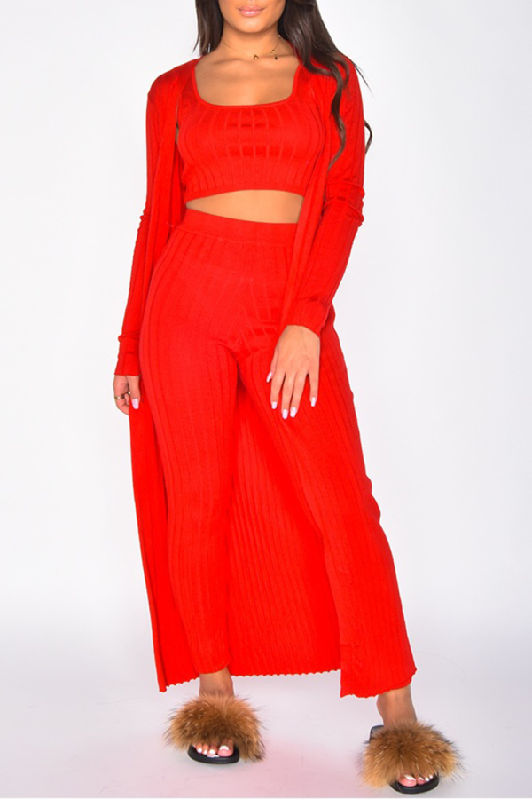 Red Casual Solid Patchwork U Neck Long Sleeve Three Pieces