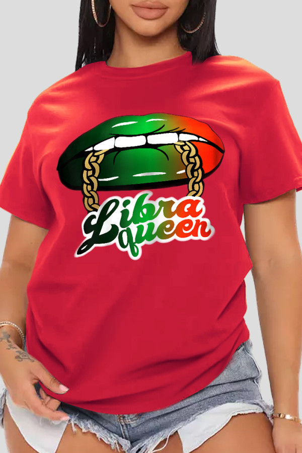 Red Casual Print Patchwork O Neck T-Shirts