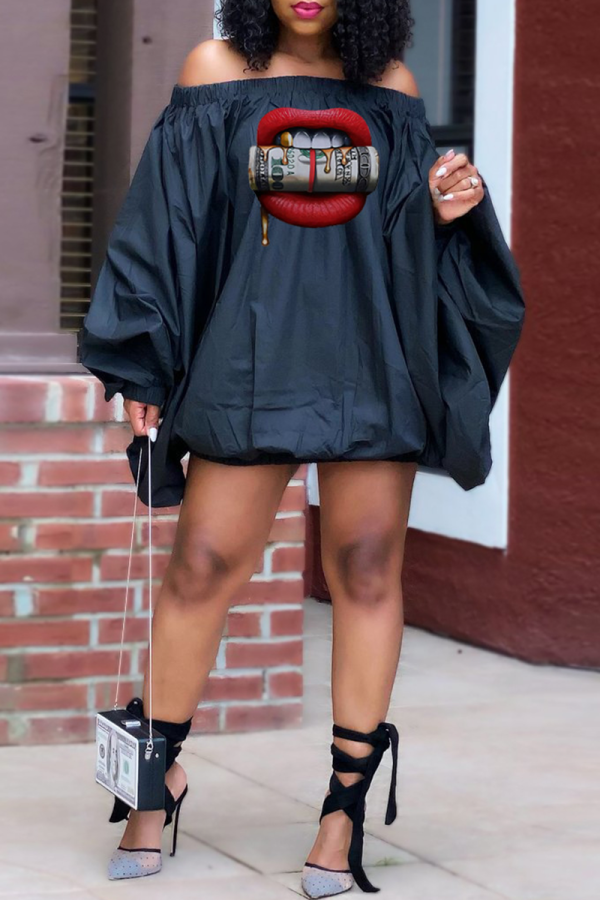 Black Casual Print Patchwork Off the Shoulder Lantern Skirt Dresses