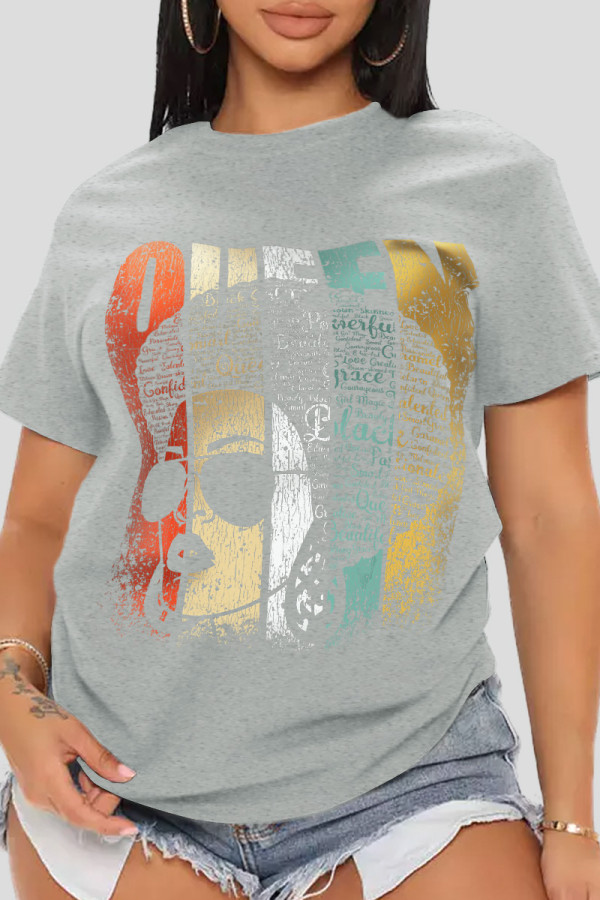 Grey Casual Print Patchwork O Neck T-Shirts