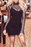 Black Sexy Solid Patchwork See-through O Neck Long Sleeve Two Pieces