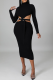 Black Sexy Solid Hollowed Out Half A Turtleneck Pencil Skirt Dresses