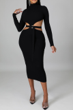Coffee Sexy Solid Hollowed Out Half A Turtleneck Pencil Skirt Dresses