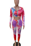 Red Casual Print Tie Dye Patchwork Zipper Hooded Collar Long Sleeve Two Pieces