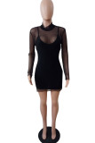 Black Sexy Solid Patchwork See-through O Neck Long Sleeve Two Pieces