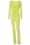 Green Sexy Casual Solid Bandage Hollowed Out V Neck Skinny Jumpsuits