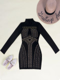 Black Fashion Sexy Patchwork Hot Drill Turtleneck Long Sleeve Dresses pre-sale