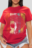 Red Casual Print Patchwork O Neck T-Shirts