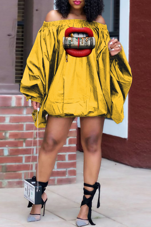 Yellow Casual Print Patchwork Off the Shoulder Lantern Skirt Dresses