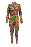 Green Sexy Print Patchwork Zipper Collar Skinny Jumpsuits
