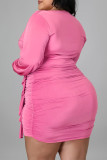 Pink Sexy Solid Split Joint Flounce Fold V Neck Long Sleeve Plus Size Dresses