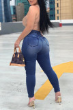 Deep Blue Fashion Casual Solid Hollowed Out High Waist Regular Jeans