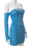 Blue Sexy Solid Patchwork Strapless Pencil Skirt Dresses