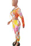 Red Casual Print Tie Dye Patchwork Zipper Hooded Collar Long Sleeve Two Pieces