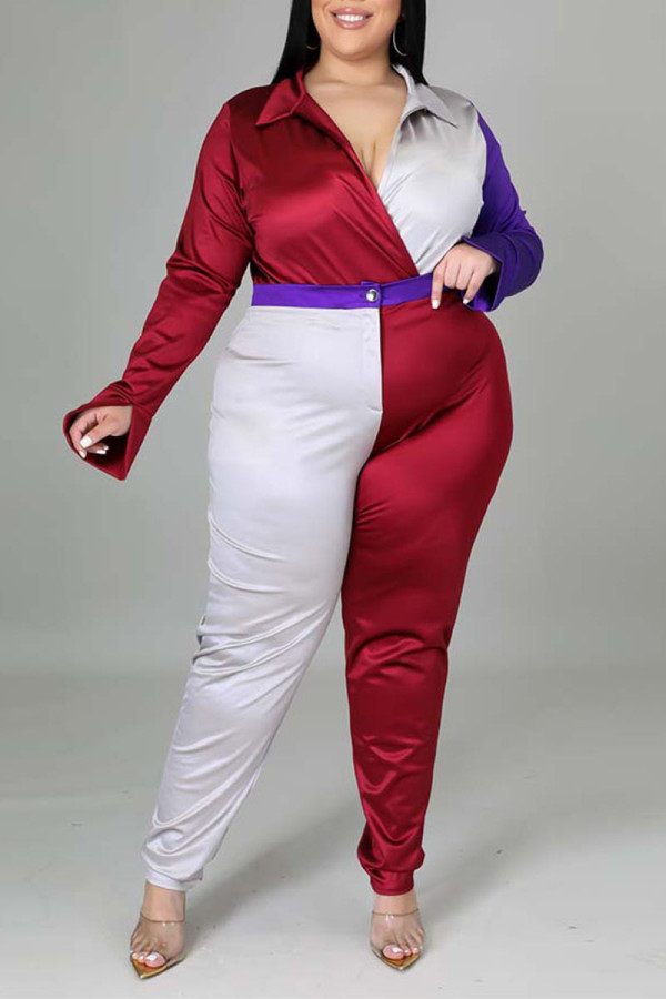 Red Casual Solid Patchwork Contrast Turndown Collar Long Sleeve Two Pieces