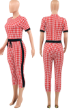 Red Casual Plaid Patchwork O Neck Skinny Jumpsuits