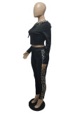 Black Fashion Casual Print Leopard Split Joint Hooded Collar Long Sleeve Two Pieces