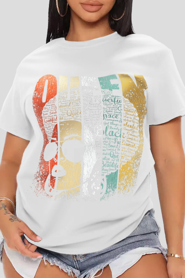 White Casual Print Patchwork O Neck T-Shirts