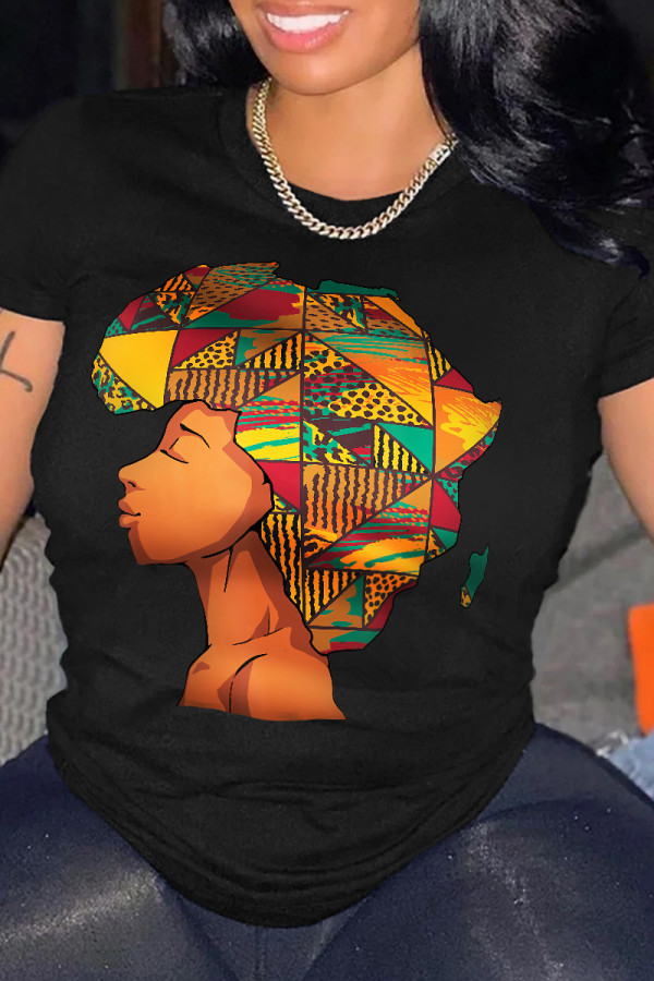 Black Casual Print Patchwork O Neck T-Shirts