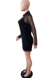 Black Sexy Solid Patchwork See-through O Neck Long Sleeve Two Pieces