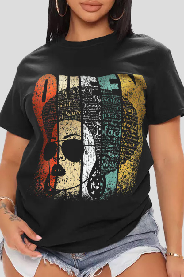 Black Casual Print Patchwork O Neck T-Shirts