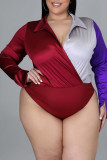 Red Casual Solid Patchwork Contrast Turndown Collar Long Sleeve Two Pieces
