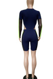 Deep Blue Sexy Solid Patchwork See-through Asymmetrical Zipper Collar Long Sleeve Two Pieces
